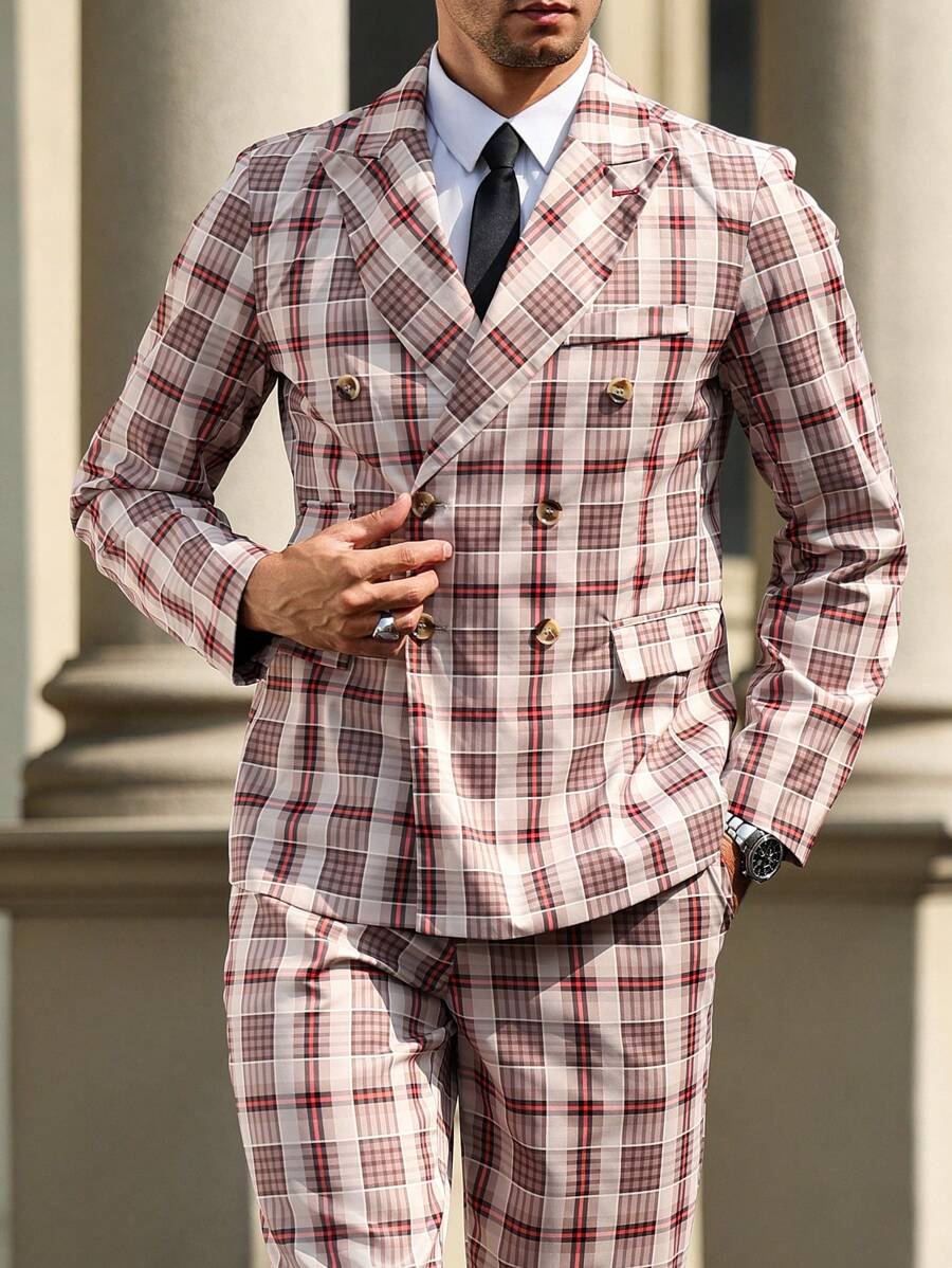 Manfinity Homme Men's Plaid Double-Breasted Suit: Blazer And Trousers Set - Khaki - View 1