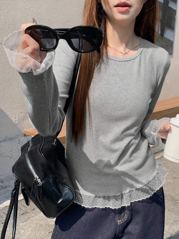 Women Lace Patchwork T-Shirt, Grey Knit Crew Neck Casual Slim Fit Tops, Autumn New Collection Long Sleeve Women Tops,Fall Women Clothes