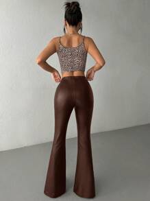 Muchica Women's New Elastic Leather Flare Pants - Chocolate Brown - View 2