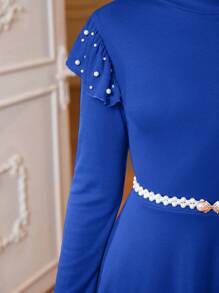 SHEIN Leap Crew Teen Girl's Solid Color Knitted Ribbed Cap Sleeve Beaded Casual Dress - Royal Blue - View 6