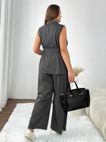SHEIN Frenchy 2 Pieces Plus Size Women's Striped Cinched Waist Blazer And Striped Pants Set, Stylish Casual Commute & Afternoon Tea Essential Spring/Summer New Collection