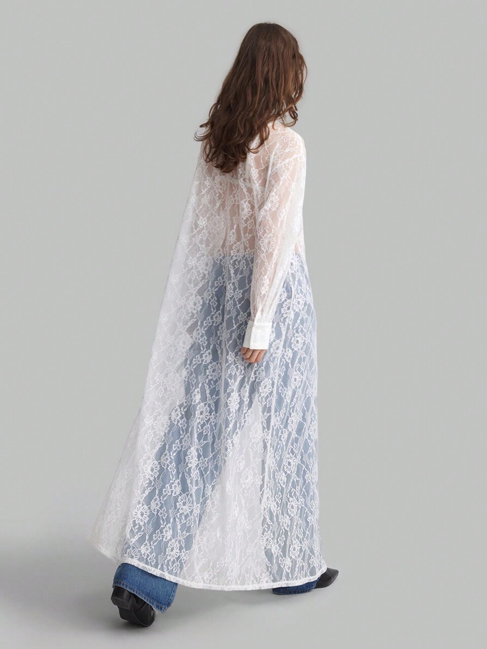 Women's Lace Up Collar Sheer Sexy Lace Long Sleeve Long Dress, Fashionable & Versatile, New Year Style