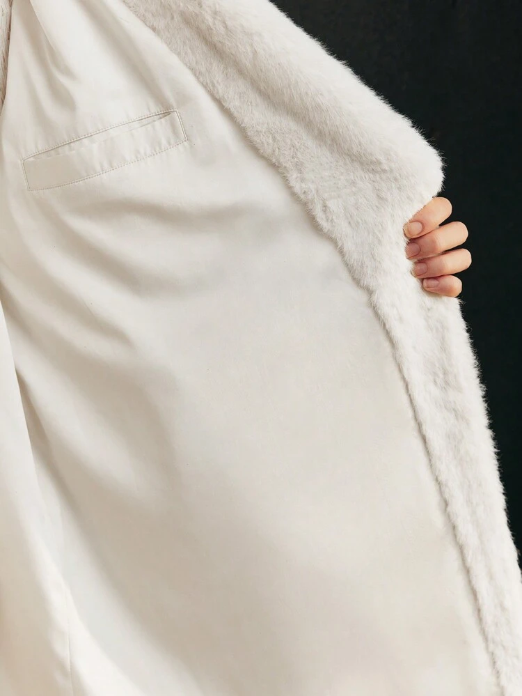 FLUFFY SOLID LAPEL COLLAR SLANT POCKET LONG COAT