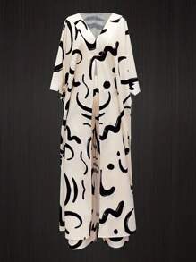 INAWLY Set de 2 piezas: Blusa larga casual con estampado abstracto y pantalones, para mujer