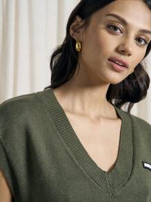 AiiRZ Oversized V-Neck Knit Sweater Dress Fall Winter Sleeveless Ribbed Mini With Long Shirt Layering Collegiate Preppy Academy Style - Army Green - View 5