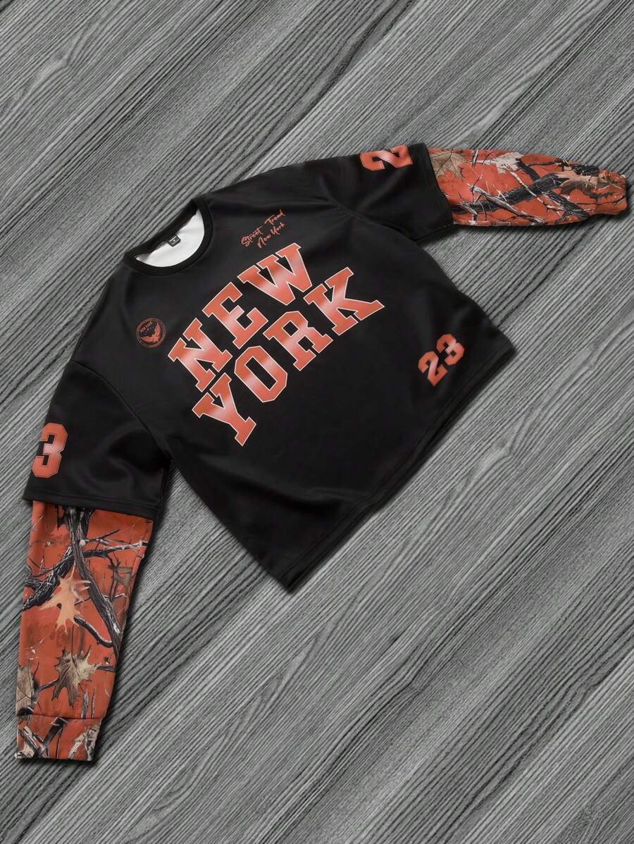 Manfinity EMRG Men's Autumn Casual Contrast Color Block Letter Print Pullover Sweatshirt - Black - View 1
