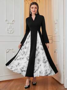 Modelyn Women's Solid Color V-Neck Patchwork Long Sleeve Casual Long Dress Long Evening Dresses - Black - View 6