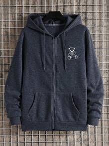 RueChic Men Bear Printed Hooded Regular Zip Up Hoodie - Dark Grey - View 2