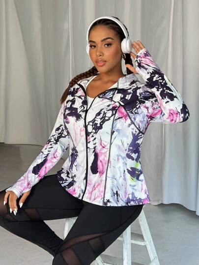 Rhythm Era Plus Size Full Print Stand Collar Zip Up Långärmad Jacka