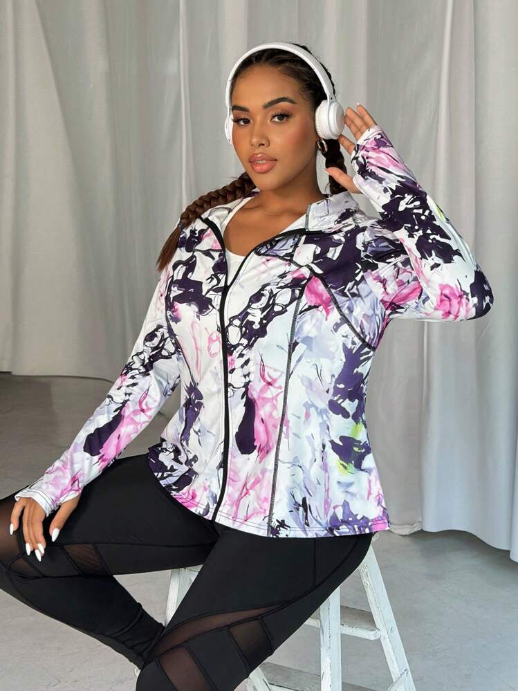 Rhythm Era Plus Size Full Print Stand Collar Zip-Up Long Sleeve