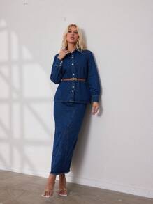 女士经典复古两件套牛仔套装，标准长袖牛仔衬衫和高腰 A 字裙，适合办公室女士和休闲和学校春夏秋冬