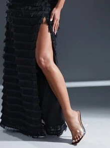 Hauture Sleeveless Satin Fringe Maxi Christmas Formal Dresses For Women With Lace Up Back And Side Slit
