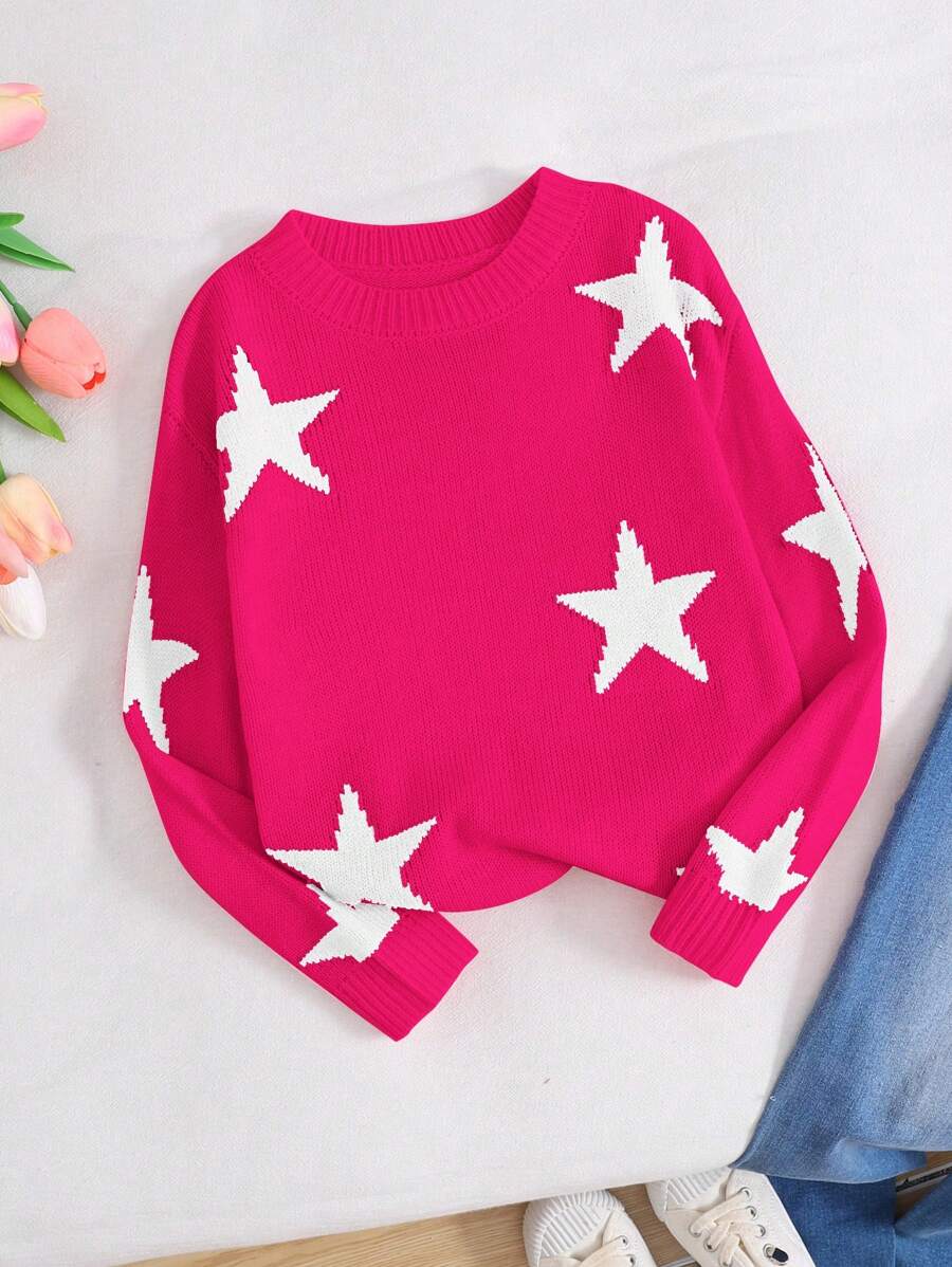 Loose Fit Round Neck Star Pattern Knit Sweater For Young Girl,In Fall/Winter - Hot Pink - View 1