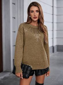 SHEIN Clasi Áo len dài tay cổ tròn trễ vai cỡ lớn đính sequin tương phản cho nữ, thời trang và đa năng cho mùa thu/đông - màu nâu - Xem 3