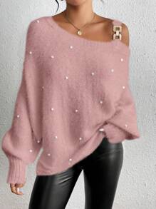 Chiquease 女士露肩长袖仿珍珠装饰休闲套头毛衣针织衫秋冬款 - 藕粉色 - 查看 5
