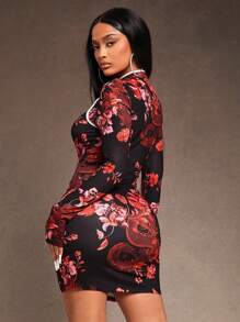 SHEIN SXY New Year's Elegant Sexy Nightclub Must Have Valentine's Day Black Floral High Stretch Neckline Hollowed Out Oriental Stand Collar Long Sleeve Mini Dress - Multicolor - View 4