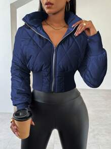 VaVaBold Abrigo acolchado con capucha, de unicolor, cuello con cremallera y parches, esponjoso para mujer en invierno
