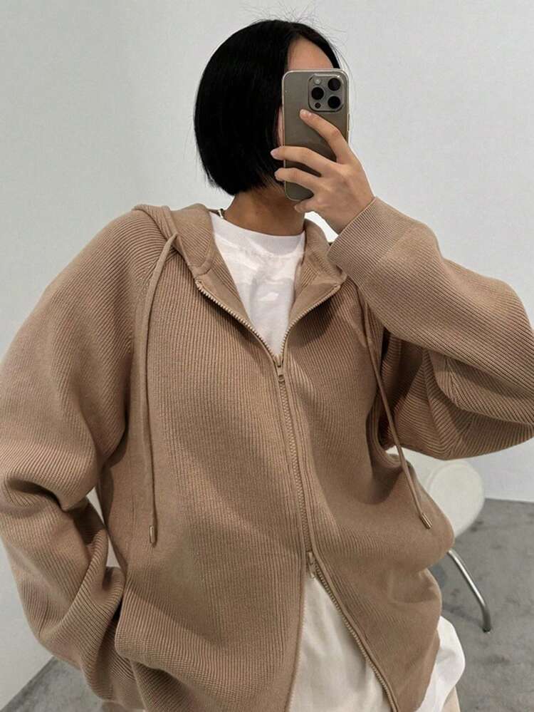 Women's Solid Color Hooded Loose Knitted Cardigan,Fall Women Clothes