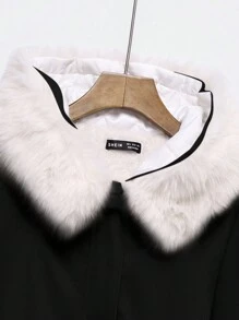 SHEIN EZwear 大码女式休闲收腰拼色蓬松连帽派克大衣，秋冬款 - 黑與白 - 查看 5