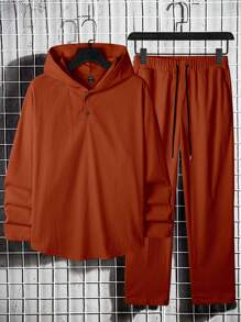 Manfinity Homme Men Plain Front Button Long Sleeve Hoodie Sweatsuit