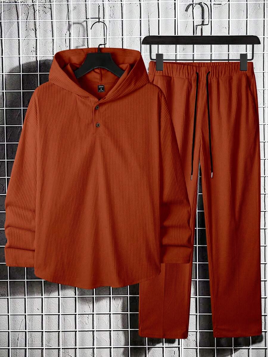 Manfinity Homme Men Plain Front Button Long Sleeve Hoodie Sweatsuit