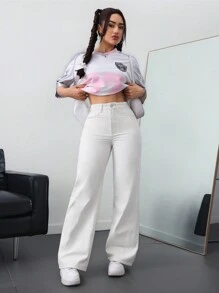 SHEIN ICON Pantalones vaqueros de pierna recta versátiles de unicolor con bolsillo