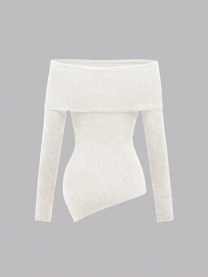 Goth Pull moulant femme simple et romantique avec épaules dénudées, ourlet asymétrique sexy