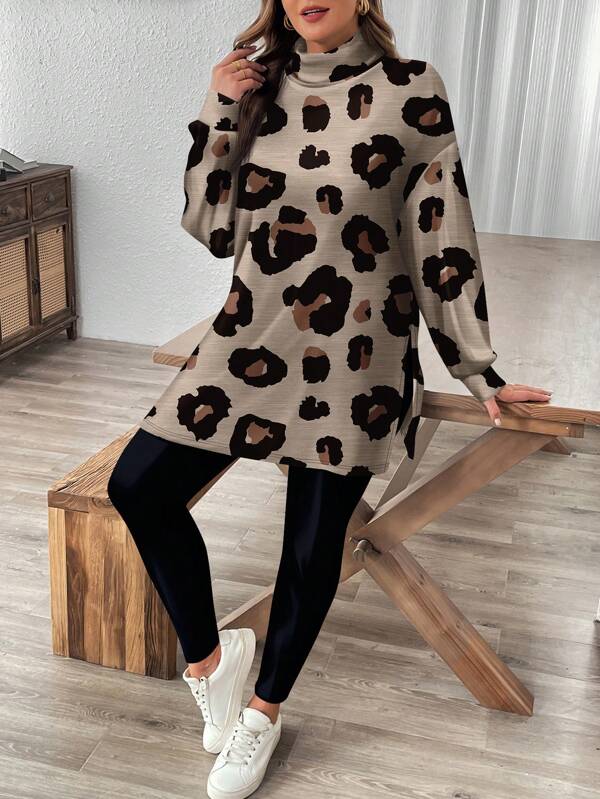 SHEIN LUNE Set de 2 piezas de camiseta de manga larga con cuello alto y leggings de talla grande con estampado de lunares y leopardo en color caqui, adecuado para otoño/invierno