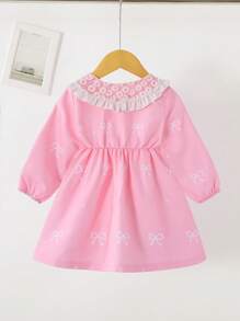 SHEIN Baby Girl 0-3Y Elegant Fashion Loose Bow Design Lace Floral Collar Pink Princess Dress, Autumn/Winter New
