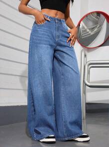 SHEIN PETITE Jeans de pierna ancha de lavado informal con agua - Lavado ligero - Ver 5