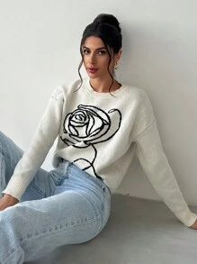 Firerie 女士优雅玫瑰花朵图案宽松卡其色毛衣，休闲通勤风格，秋冬 - 杏色 - 查看 1