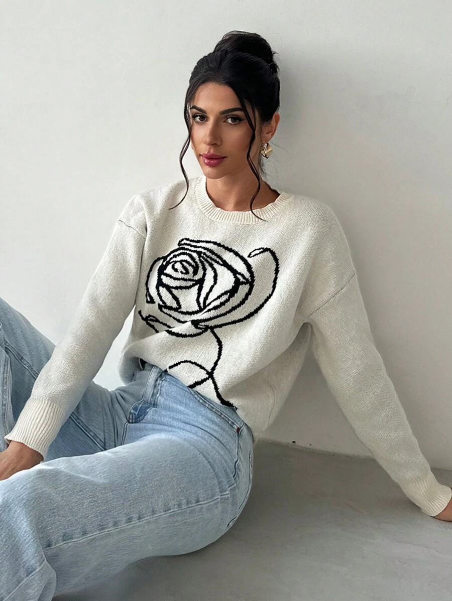 Firerie 女士优雅玫瑰花朵图案宽松卡其色毛衣，休闲通勤风格，秋冬 - 杏色 - 查看 1