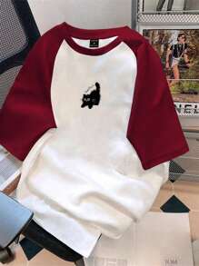 Attitoon Camiseta de manga corta de estilo suelto con cuello redondo y gráfico de gato minimalista casual para mujer, adecuada para el verano