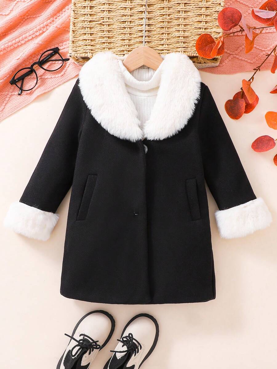 年轻女孩撞色领拼接长袖纽扣口袋休闲夹克 - 黑色 - 查看 1