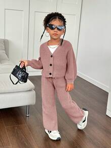 SHEIN Leap Crew Young Girl 2pcs Set Solid Cardigan And Knitted Skinny Pants Sweater Suit,In Fall/Winter - Pink - View 6