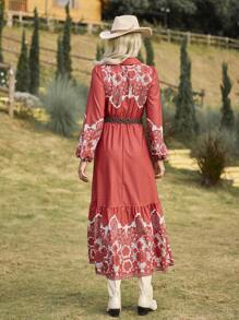LanaWest Vestido largo casual de mujer de manga larga con botones frontales, plisado y estampado floral para el Año Nuevo