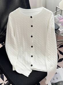 EMERY ROSE Casual Simple Solid Color Cardigan, Versatile For Autumn - White - View 4