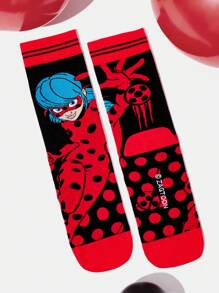 Miraculous Ladybug X SHEIN 2 pares de calcetines con estampado de figuras de dibujos animados y lunares a rayas de medianos para mujeres