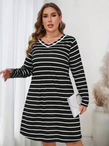 SHEIN LUNE Vestido de punto casual midi de cuello en V a rayas negro y blanco de estilo elegante para mujer talla grande, atuendo de fiesta de vacaciones de otoño/invierno