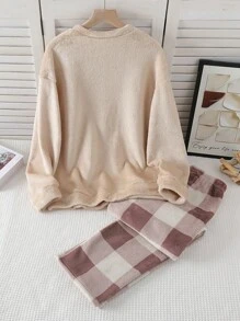 2pcs Tween Girls Flannel Plaid Pants And Solid Beige Long Sleeve Top Casual Pajama Set, Sibling/Matching Outfits (Sold Separately)