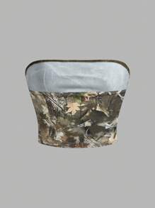 SHEIN EZwear Women's Fashionable Fall Short Basic Tube Top Camo Print And Solid Color Three Pieces Set - Army Green - View 8