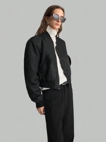 Ontre Women's Solid Black Long Sleeve Zip-Up Baseball Collar Padded Coat, Winter
