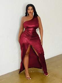 Slaydiva Elegant Asymmetrical Neck Cinched Waist Bodycon High Slit Gold Autumn Dress, Plus Size