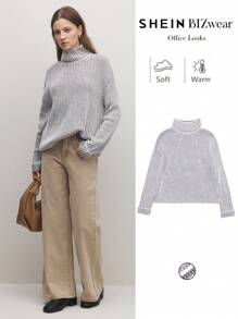 BizChic 卡其色提花图案高领运动衫，时尚女装，春夏，节日，感恩节，新年， - 卡其色 - 查看 1