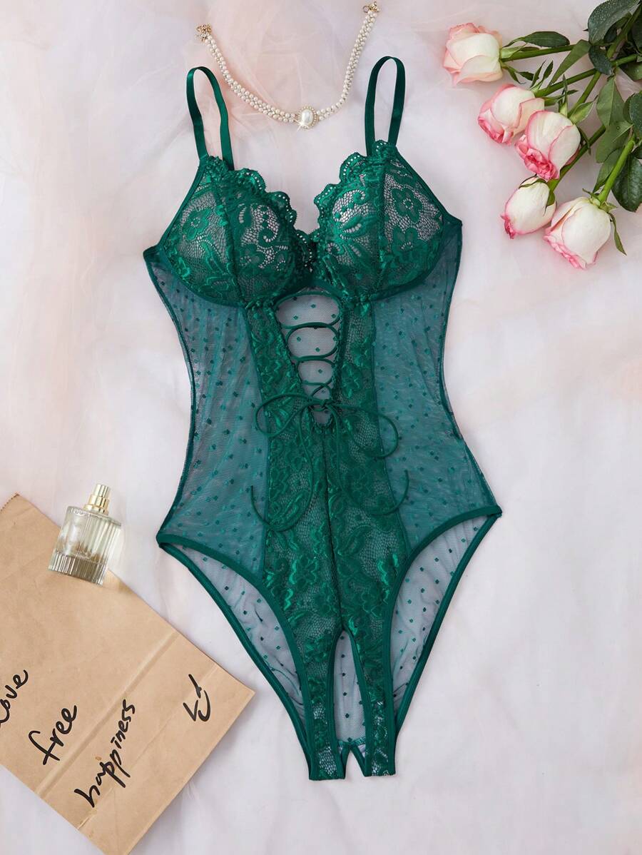 SHEIN 1pc Women's Sexy Lace & Mesh Contrast Bodysuit Lingerie For Going Out - Dark Green - View 1