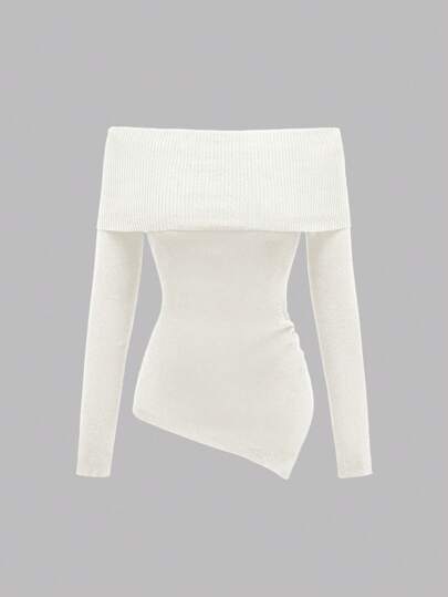 Goth Pull moulant femme simple et romantique avec épaules dénudées, ourlet asymétrique sexy