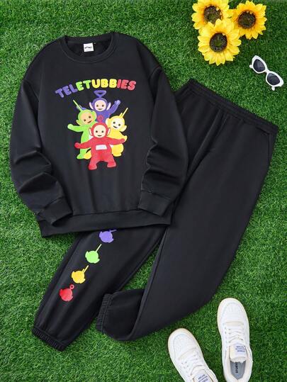 Teletubbies X SHEIN 男士休闲宽松针织卡通印花黑色圆领运动衫和裤子两件套