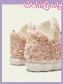 Dola Lovely 可爱仙人掌保暖拖鞋，女士封闭式蓬松厚底保暖家居拖鞋，秋冬新年假期 - 卡其色 - 查看 5