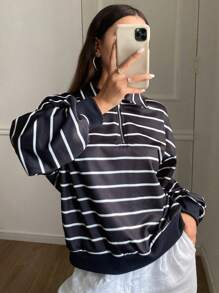 DAZY Sweat-shirt-shirt ample à manches longues avec col polo et fermeture éclair, rayures contrastées, vêtements pour femmes en automne - Bleu marine - View 6