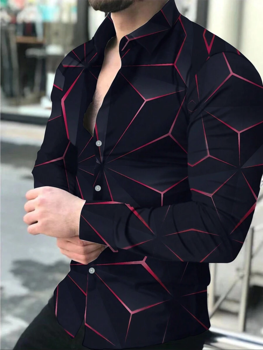 Manfinity Homme 男士休闲日常全身印花纽扣长袖衬衫，秋季 - 彩色 - 查看 1